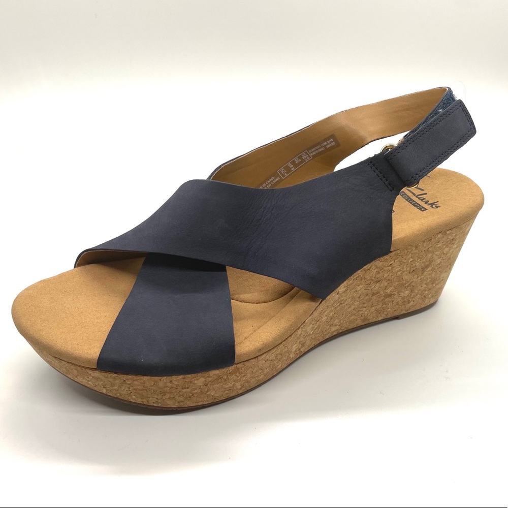 Clarks women's comfortable cork wedge sandal in navy blue - Size 10W Brand New